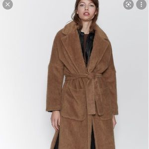 Zara caramel faux fur belted long coat